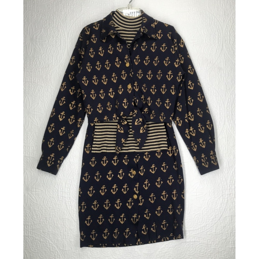Vintage Outlander 3 Pc Midi Skirt Set Size L  Nautical Theme Black and Gold
